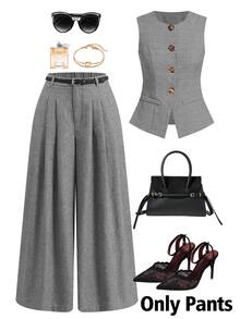 Editum Women's Grey Textured Ruffle Wide Leg Long Pants, Elegant Casual Business Commuter Versatile Trousers Office Work Summer Teachers' Day - Grey - View 6