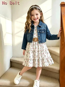SHEIN Elladie kids Young Girls Floral Dress+Denim Uterwear Co-Ords,Elastic Waist A-Line Tiered Floral Print Cami Dress,Suitable For Daily Casual And Vacation, Autumn - Medium Wash - View 2