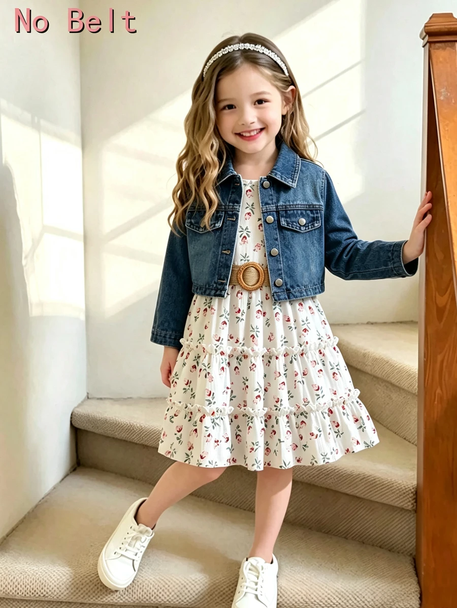 SHEIN Elladie kids Young Girls Floral Dress+Denim Uterwear Co-Ords,Elastic Waist A-Line Tiered Floral Print Cami Dress,Suitable For Daily Casual And Vacation, Autumn
