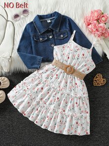 SHEIN Elladie kids Young Girls Floral Dress+Denim Uterwear Co-Ords,Elastic Waist A-Line Tiered Floral Print Cami Dress,Suitable For Daily Casual And Vacation, Autumn - Medium Wash - View 4