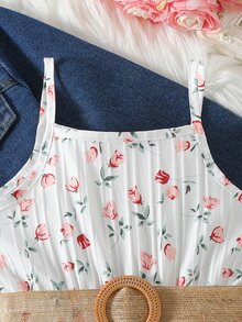SHEIN Elladie kids Young Girls Floral Dress+Denim Uterwear Co-Ords,Elastic Waist A-Line Tiered Floral Print Cami Dress,Suitable For Daily Casual And Vacation, Autumn - Medium Wash - View 5