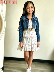SHEIN Elladie kids Young Girls Floral Dress+Denim Uterwear Co-Ords,Elastic Waist A-Line Tiered Floral Print Cami Dress,Suitable For Daily Casual And Vacation, Autumn - Medium Wash - View 8
