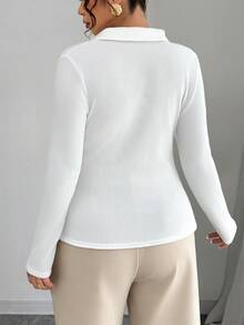 Elenzga Damen Große Größen Frühling/Herbst Elegantes Smart Lässig Kragen Gerippt Metallknopf Dekor Langarm Slim Fit T-Shirt Herbst Formell Büro Weiß - Weiss - Übersicht 3