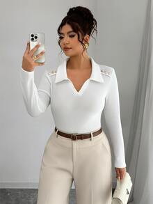 Elenzga Damen Große Größen Frühling/Herbst Elegantes Smart Lässig Kragen Gerippt Metallknopf Dekor Langarm Slim Fit T-Shirt Herbst Formell Büro Weiß - Weiss - Übersicht 2