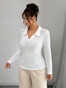 Elenzga Damen Große Größen Frühling/Herbst Elegantes Smart Lässig Kragen Gerippt Metallknopf Dekor Langarm Slim Fit T-Shirt Herbst Formell Büro Weiß - Weiss - Übersicht 4
