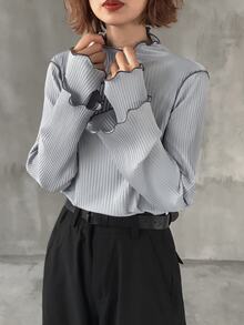 FRIFUL 女款拼色小立領長袖羅紋紋理面料袖口 2合1設計對比飾邊縫線寬鬆休閒百搭T恤 秋冬款 - 灰色 - 查看 2