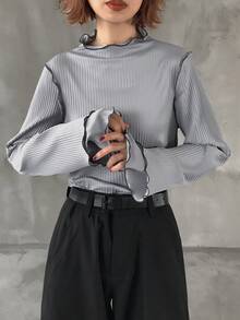 FRIFUL 女款拼色小立領長袖羅紋紋理面料袖口 2合1設計對比飾邊縫線寬鬆休閒百搭T恤 秋冬款 - 灰色 - 查看 4