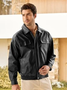 Mercer Haus Men Long Sleeve Flap Detail Zip Up PU Leather Jacket, For Fall Winter, Grunge - Black - View 4