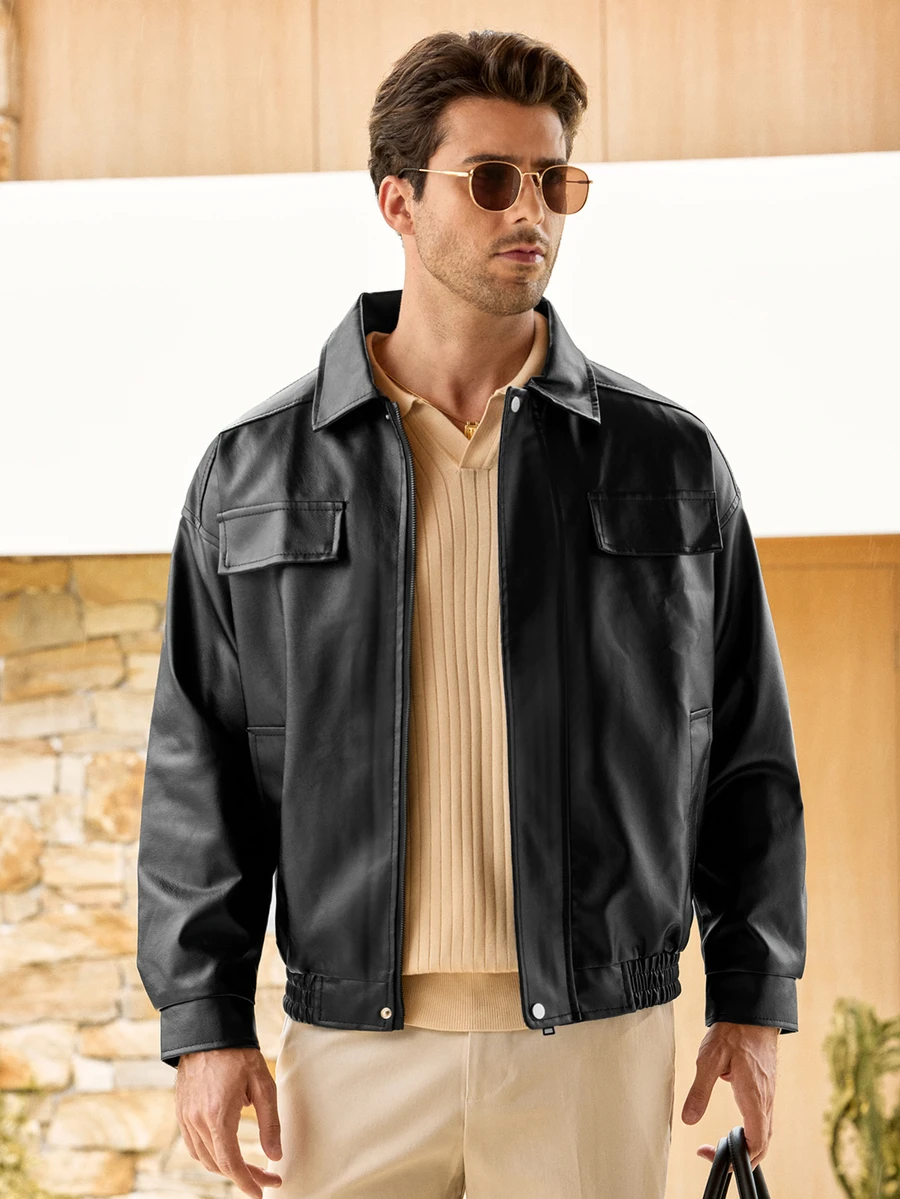 Mercer Haus Men Long Sleeve Flap Detail Zip Up PU Leather Jacket, For Fall Winter, Grunge - Black - View 1