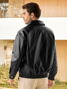 Mercer Haus Men Long Sleeve Flap Detail Zip Up PU Leather Jacket, For Fall Winter, Grunge - Black - View 2
