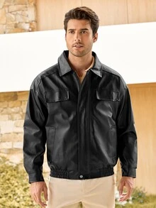 Mercer Haus Men Long Sleeve Flap Detail Zip Up PU Leather Jacket, For Fall Winter, Grunge - Black - View 6