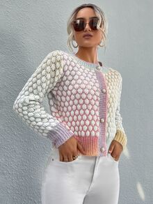 SHEIN LUNE 渐变色混色针织纽扣前开衫、长袖上衣 - 彩色 - 查看 4