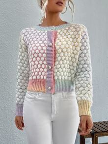 SHEIN LUNE 渐变色混色针织纽扣前开衫、长袖上衣 - 彩色 - 查看 3
