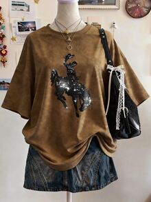 Sundraya Digital Print Horse Pattern Sequin Embroidery Casual Oversized Mid-Length Round Neck Drop Shoulder Women T-Shirt, Gift For Friends - Brown - View 5