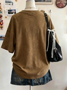 Sundraya Digital Print Horse Pattern Sequin Embroidery Casual Oversized Mid-Length Round Neck Drop Shoulder Women T-Shirt, Gift For Friends - Brown - View 2