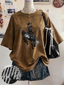 Sundraya Digital Print Horse Pattern Sequin Embroidery Casual Oversized Mid-Length Round Neck Drop Shoulder Women T-Shirt, Gift For Friends - Brown - View 3
