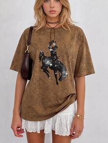 Sundraya Digital Print Horse Pattern Sequin Embroidery Casual Oversized Mid-Length Round Neck Drop Shoulder Women T-Shirt, Gift For Friends - Brown - View 1