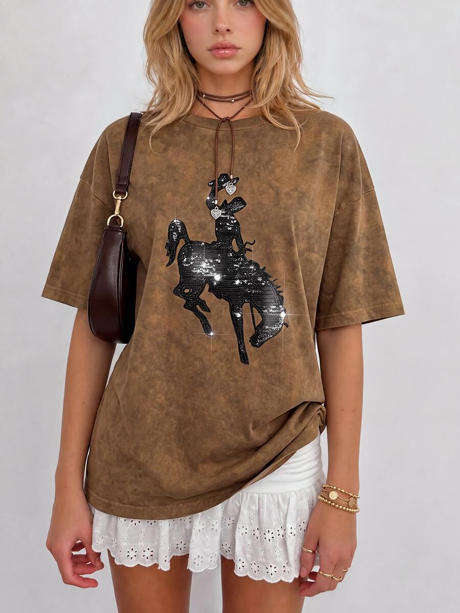 Sundraya Digital Print Horse Pattern Sequin Embroidery Casual Oversized Mid-Length Round Neck Drop Shoulder Women T-Shirt, Gift For Friends - Brown - View 1