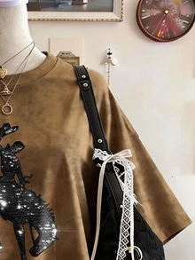 Sundraya Digital Print Horse Pattern Sequin Embroidery Casual Oversized Mid-Length Round Neck Drop Shoulder Women T-Shirt, Gift For Friends - Brown - View 4