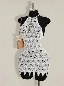 SHEIN ICON Women's Hollow Out Design Sexy Bodycon Halter Mini Dress,Summer Dresses For Women - White - View 5