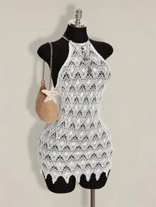 SHEIN ICON Women's Hollow Out Design Sexy Bodycon Halter Mini Dress,Summer Dresses For Women - White - View 7
