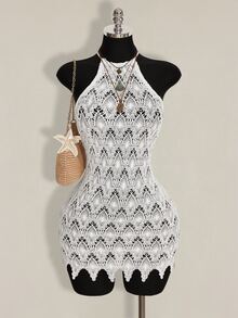 SHEIN ICON Women's Hollow Out Design Sexy Bodycon Halter Mini Dress,Summer Dresses For Women - White - View 3