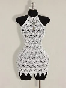 SHEIN ICON Women's Hollow Out Design Sexy Bodycon Halter Mini Dress,Summer Dresses For Women - White - View 4