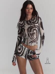 MUSERA Mesh Printed Long Sleeve Slash Neck Top Low Rise Micro Short Co-Ord Set Sold As Set Sexy Summer Spring Rave Festival Holiday Party Going Out Serpent - Black and White - View 1