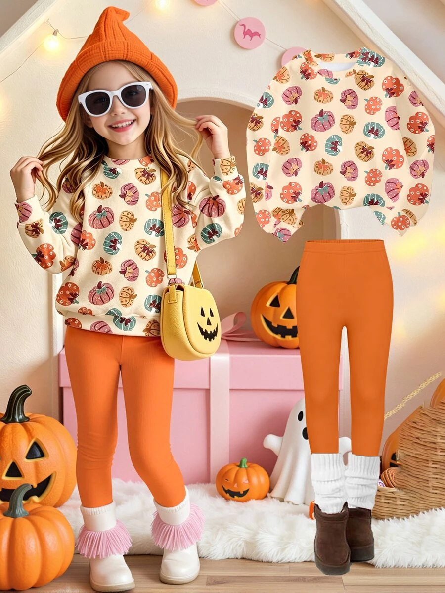 SHEIN Elladie kids Halloween Outfit For Girls Toddlers, Purple Orange Pumpkin Pattern Printed Basic Crew Neck Sweatshirt And Leggings Set Nursery Birthday Autumn - Multicolor - View 1