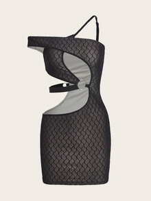 SHEIN X KeniaOs SHEIN ICON 全身印花不对称领口镂空环扣紧身连衣裙 - 黑色 - 查看 7