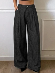 DAZY Women's Colorblock Striped Loose Wide Leg Casual Streetwear Autumn/Winter Long Jeans - Black - View 6