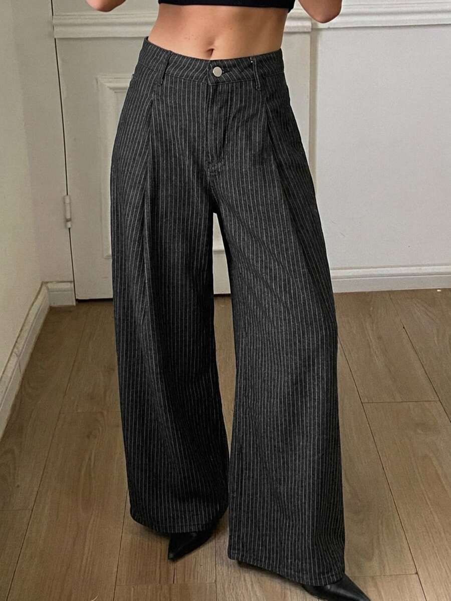 DAZY Women's Colorblock Striped Loose Wide Leg Casual Streetwear Autumn/Winter Long Jeans - Black - View 1