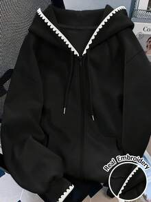 Resyla 女款連帽運動衫，秋季戶外上衣，經典百搭黑色夾克，休閒百搭，通勤，日常穿著，刺繡波浪邊，舒適版型 - 黑色 - 查看 1