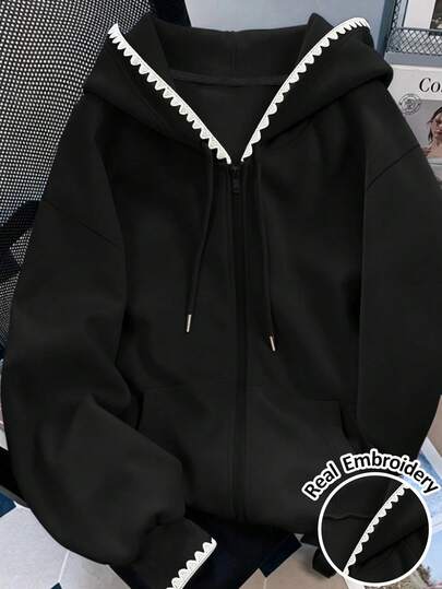 Resyla Sudadera con capucha para mujer, top de otoño para exteriores, chaqueta negra clásica versátil, casual versátil, para ir al trabajo, uso diario, con borde festoneado bordado, ajuste cómodo