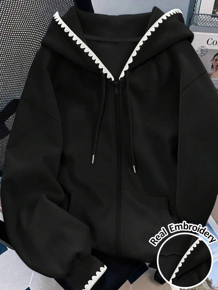 Resyla Women's Hooded Sweatshirt, Autumn Outdoor Top, Classic Versatile Black Jacket, Casual Versatile, Commuting, Daily Wear, Embroidered Scalloped Edge, Comfortable Fit - Black - View 1