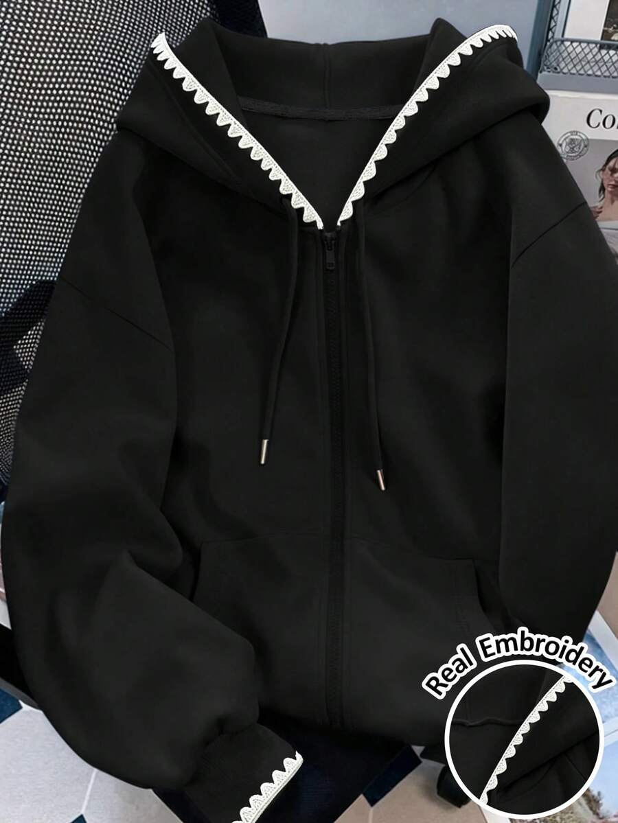 Resyla 女款連帽運動衫,秋季戶外上衣,經典百搭黑色夾克,休閒百搭,通勤,日常穿著,刺繡波浪邊,舒適版型 - 黑色 - 查看 1