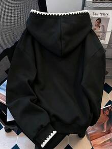 Resyla 女款連帽運動衫，秋季戶外上衣，經典百搭黑色夾克，休閒百搭，通勤，日常穿著，刺繡波浪邊，舒適版型 - 黑色 - 查看 2