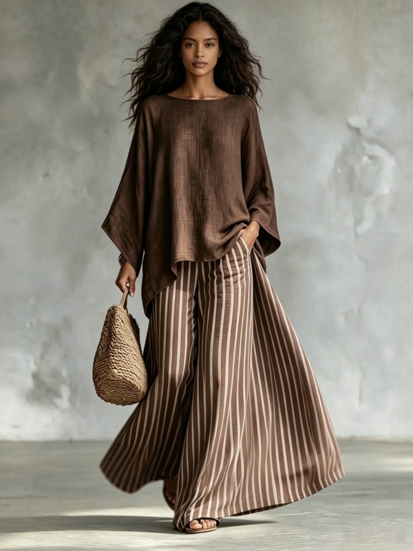 SHEIN Set da 2 pezzi da donna primavera/estate casual marrone chiaro con top ampio a girocollo, maniche 3/4 e orlo asimmetrico, e pantaloni a righe a gamba larga con vita alta elastica, outfit versatile per uso quotidiano, casa e uscite