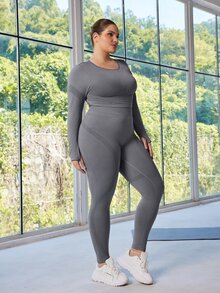 SHEIN Rhythm Era 大码女式无缝纯色运动胸罩和紧身裤套装 - 灰色 - 查看 10