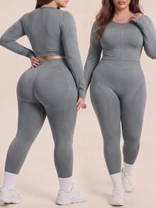 SHEIN Rhythm Era 大码女式无缝纯色运动胸罩和紧身裤套装 - 灰色 - 查看 1