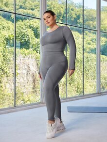 SHEIN Rhythm Era 大码女式无缝纯色运动胸罩和紧身裤套装 - 灰色 - 查看 8