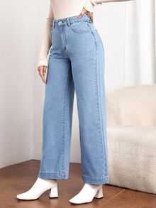 SHEIN Essnce Women's High Waisted Wide Leg Jeans, Light Wash Denim Trousers For A Chic Look - Light Wash - View 12