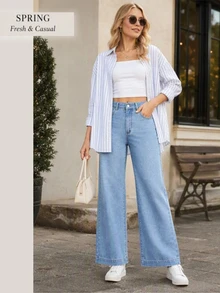 SHEIN Essnce Women's High Waisted Wide Leg Jeans, Light Wash Denim Trousers For A Chic Look - Light Wash - View 3