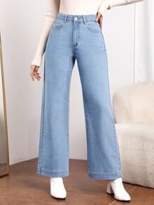 SHEIN Essnce Women's High Waisted Wide Leg Jeans, Light Wash Denim Trousers For A Chic Look - Light Wash - View 1