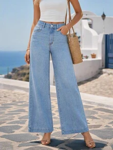 SHEIN Essnce Women's High Waisted Wide Leg Jeans, Light Wash Denim Trousers For A Chic Look - Light Wash - View 9