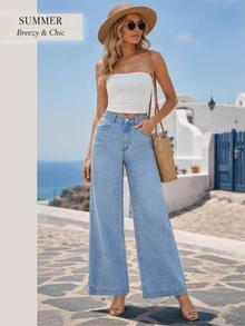 SHEIN Essnce Women's High Waisted Wide Leg Jeans, Light Wash Denim Trousers For A Chic Look - Light Wash - View 4