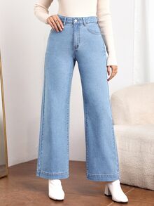 SHEIN Essnce Women's High Waisted Wide Leg Jeans, Light Wash Denim Trousers For A Chic Look - Light Wash - View 7