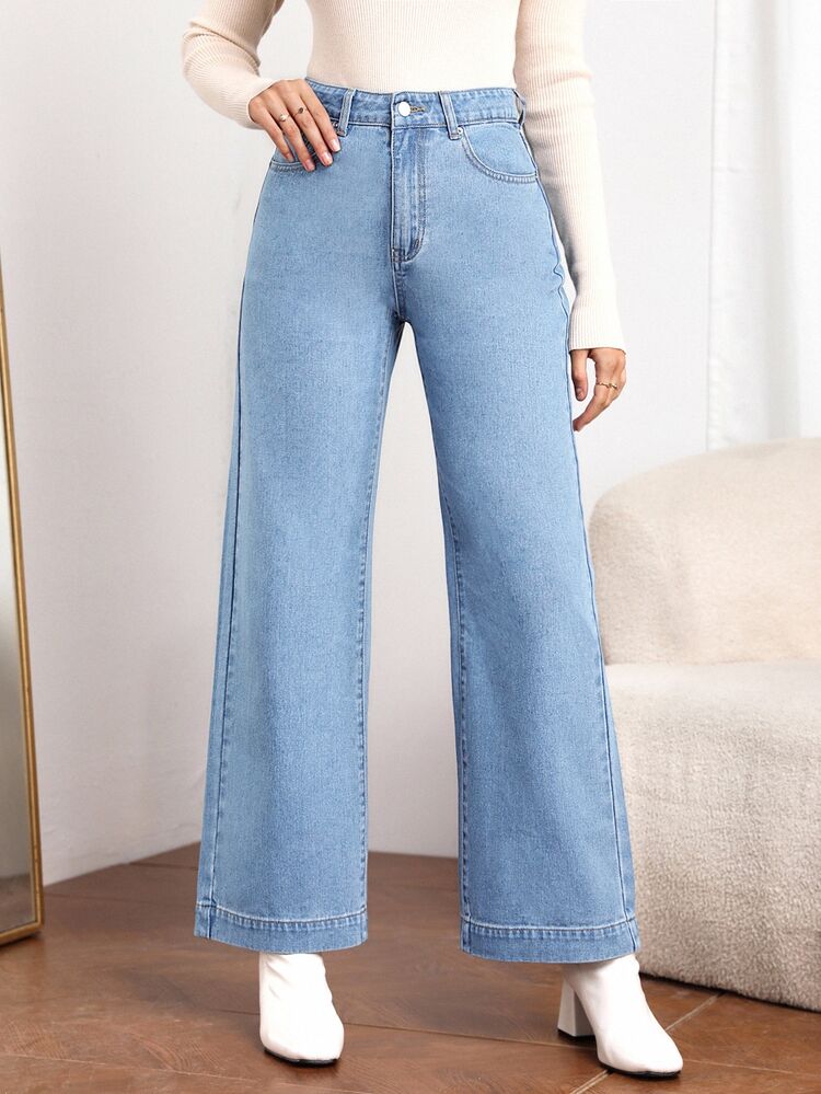 SHEIN Essnce Women's High Waisted Wide Leg Jeans, Light Wash Denim Trousers For A Chic Look - Light Wash - View 7
