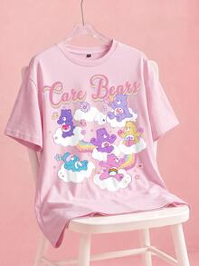 SHEIN X Care Bears Women's Cartoon Bear Print Round Neck Short Sleeve Fashion T-Shirt - Pink - View 8