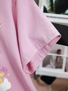 SHEIN X Care Bears Women's Cartoon Bear Print Round Neck Short Sleeve Fashion T-Shirt - Pink - View 3